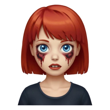 Zombie girl emoji with short red hair and bangs. Blue eyes, fair skin, and a black top. sticker