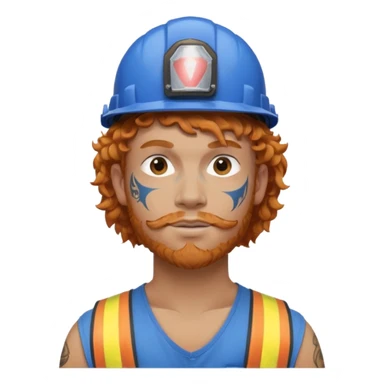 construction worker man ginger curly hair, blue helmet, heavy face tattoo sticker