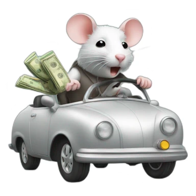 rat driving a car with money sticker