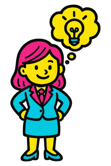 businesswoman in a suit standing with a thought bubble containing a lightbulb, flat color illustration, bold and simple shapes sticker
