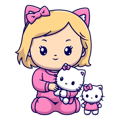 Blonde girl wearing pink Hello Kitty pajamas with two ragdoll cats sticker
