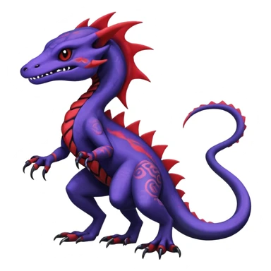 Rare warm-colored exotic gloomy tropical edgy cute epic aesthetic spooky indigo purple white black red gothic colorful Salandit-charmeleon-sergal-species-Fakemon-hybrid-creature, with tribal tattoo markings, full body sticker
