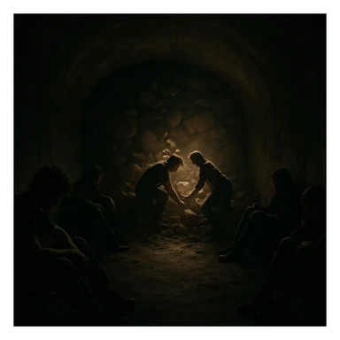 A group in a dark tunnel facing a collapsed exit. Most people sit in despair or distraction, two try to clear the rubble or find a way out. Lighting on the two, others in shadow. Conceptual, symbolic, cinematic, hyperrealistic 4K. sticker
