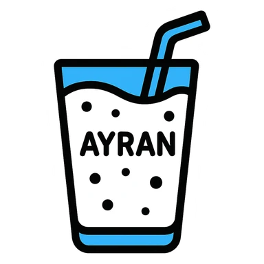 stylized flat design icon of Ayran beverage in a glass with white liquid, blue accents, and a straw, easy to recognize sticker