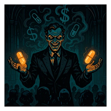 Charismatic man in a suit, glowing pills in hands, hypnotizing crowd, swirling pharmaceutical symbols, dollar signs in smoke, gothic neon-lit stage, cinematic lighting, hyper-detailed, Mike Mignola meets cyber-noir. Variant 7, more focus on pills. sticker
