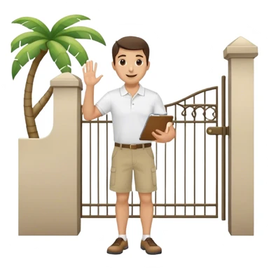 Pool attendant. white polo shirt. khaki shorts. waving. hispanic. standing next to gate. holding clipboard sticker