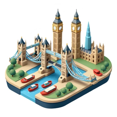 Isometric illustration of London with Tower Bridge over a small river section, toy-style boats, Big Ben peeking in background, vibrant yet muted colors, in miniature diorama style. sticker