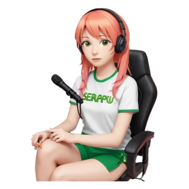 An ASMR streamer with orange hair, bangs, green eyes, and a microphone in front of her. Her room is dimly lit with pink light. She's sitting in a gaming chair with "Serappu" written on it. Behind her is a snake plant. On the shelf next to the plant are Baby Yoda and Gandalf toys. sticker