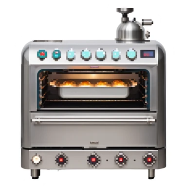 A robotic baker with stainless steel limbs, built-in mixers, and a retro-futuristic oven. The environment is industrial-chic: brushed metal surfaces, LED panels, and mechanical arms. UI mimics control panels with toggle switches, rivets, and analog dials. sticker