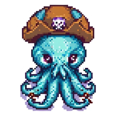 pixel art octopus with pirate hat, angry expression sticker