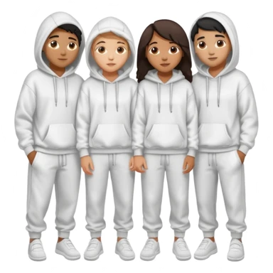 four mixed race friends all wearing white oversized hoodies with the all of the hoods up, white sweatpants, and white slides huddled together hugging sticker