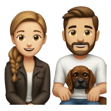 a girl with brown hair, and a man with short buzz brown hair with a beard, sitting with two dark brown boxer dogs sticker