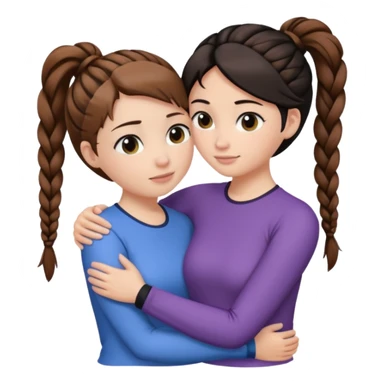 Comforting Hug two white skin women, one shorter woman with brown hair in top ponytail, not braided, and one taller woman with black hair in long side braid sticker