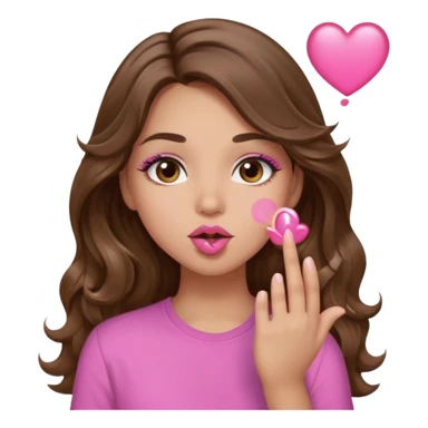 girl with long wavy brown hair, brown eyes, light to medium complexion, in a pink shirt, pink lips, long lashes, blowing a kiss sticker