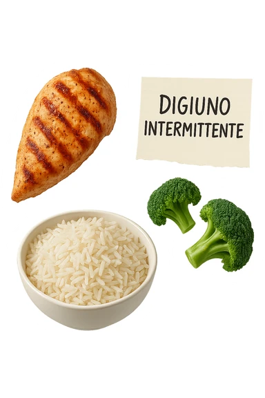 petto di pollo grigliato, bowl di riso basmati e broccoletti fluttuano in aria insieme ad un foglio con la scritta "DIGIUNO INTERMITTENTE", iperrealistico 4k sticker