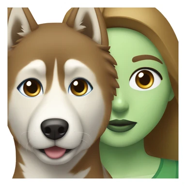 Brown hair  woman with blue eyes with a golden Husky with green eyes sticker