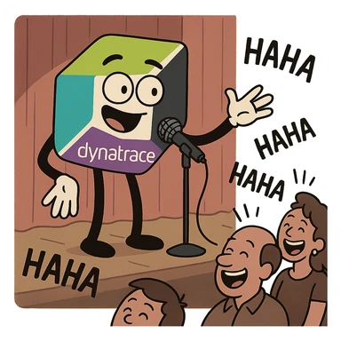 Dynatrace logo as a stand-up comedian on stage holding a microphone telling jokes with audience laughing sticker