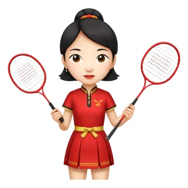 ancient geongsam girl with 1 badminton racket, red sticker
