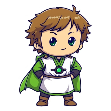 Young Rudeus Greyrat chibi, big green eyes, round face, messy light brown hair, wearing a tunic, cute and curious anime style sticker