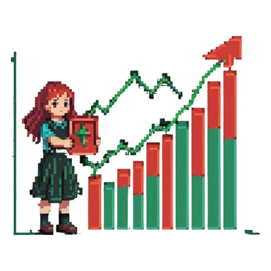 Girl holding chart with rising green graph line in right hand and holding another chart with falling red graph line in left hand sticker