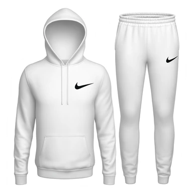 White Nike Tech fleece hoodie and matching joggers only, no model. Clean studio shot, plain white background. Visible swoosh logos, slim fit, zip details. No shoes, no extras. sticker