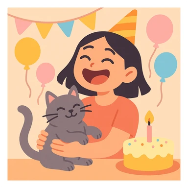 asian girl laughing, holding a grey cat, birthday party, pastel toon style sticker