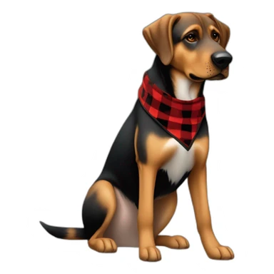 75% Coonhound 25% German Shepherd mix dog wearing small pointed red buffalo plaid bandana side view full body facing left sticker