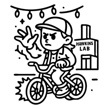 Stranger Things character in black and white line art, ideal for coloring. Personagem com bicicleta, poderes da Eleven, luzes de Natal, laboratório Hawkins ao fundo, traços nítidos, sem cor. sticker