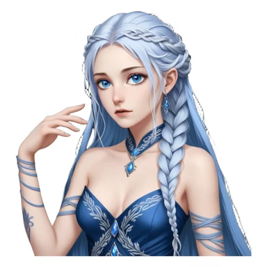 A cold and formidable female Fae with piercing steel-blue eyes, her gaze sharp enough to cut. Her long, silver-streaked hair is swept into a loose yet elegant braid. Dressed in a dark, form-fitting gown with intricate silver embroidery, she exudes an aura of untouchable power. Her fingers rest lightly on the hilt of an obsidian dagger, the only outward sign of the warrior within sticker