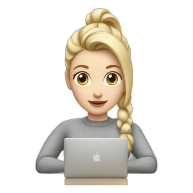Woman with pale skin, short blonde ponytail and gray sweater sitting at table with Apple laptop sticker