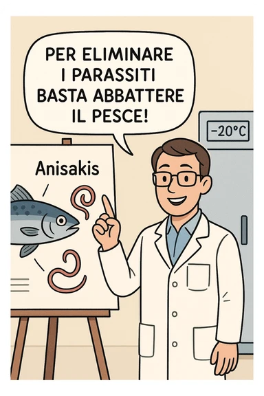  a scientist in a white lab coat stands beside a large poster showing a fish and a diagram of the Anisakis parasite. The scientist points to a speech bubble that says, “Per eliminare i parassiti basta abbattere il pesce!” In the background, a blast freezer is visible, with a temperature gauge set to -20°C. The mood is informative and reassuring. In italiano sticker