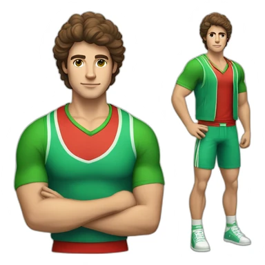retro 70s red and green gym clothes for a modern white brunette uni male student with glass sticker