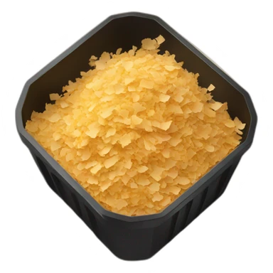 Black cubic plastic container with wood shavings inside sticker