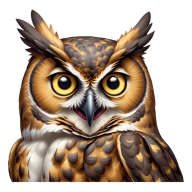 Cinematic Comical Great Horned Owl Portrait Emoji, Head tilted dramatically with an exaggeratedly amused expression, featuring a strikingly patterned mottled plumage with bold contrasts, wide, expressive golden eyes filled with playful disbelief, Simplified yet hilariously expressive features, highly detailed, glowing with a slightly sassy glow, high shine, dramatic yet playful, stylized with an air of cheeky nocturnal mischief, bright and endearing, soft glowing outline, capturing the essence of a spirited and over-the-top owl, so meme-worthy it feels like it could hoot its way into internet fame instantly! sticker
