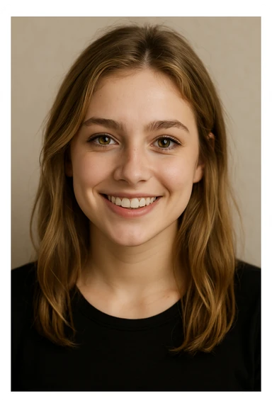 a white girl with dirty blond hair, hazel eyes, wearing a black top, smiling, neutral background sticker