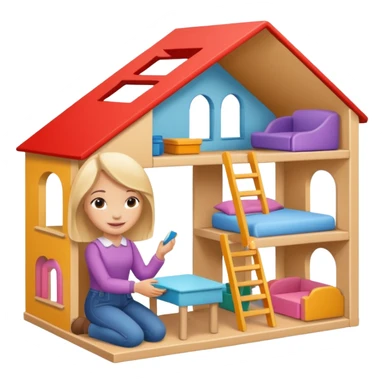 smiling girl arranging furniture in doll house sticker
