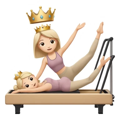 Cute sticker emoji of a “Pilates Princess” doing Pilates on a reformer machine. She is wearing beige activewear with a tiny crown. Soft kawaii style, round shapes, happy face. White outline, vector, transparent background. sticker