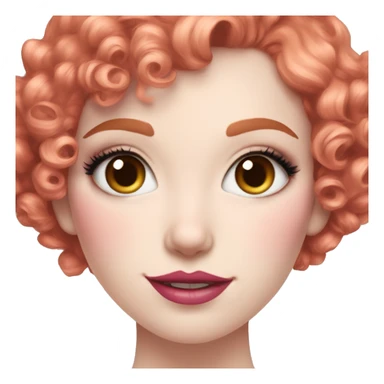 Girl with very pale skin, with bright red pixie cut curly hair, heavy eye makeup, cat eyeliner, long eyelashes, bright pink blush and bright pink lipstick  sticker