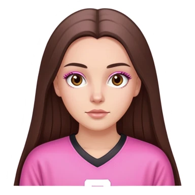 a white girl with long brunette shiny straight hair brown eyes and long eyelashes wearing a oversized pink jersey sticker