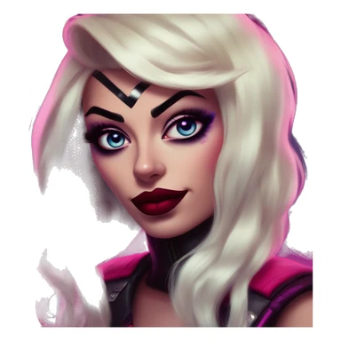 Synthwave Jasmine in Harley Quinn style, oil paint, mysterious eyes, intricate lips, masterpiece portrait, odd perspective, beautiful, desirable, logical sticker