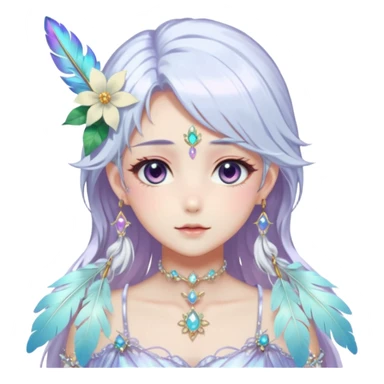 Beautiful gorgeous anime lady with beautiful iridescent-white-special-hair, fashion aesthetic, ethereal, fairycore, pastelcore, feather, flower, gems, accessories, jewelries, gold, colorful sticker