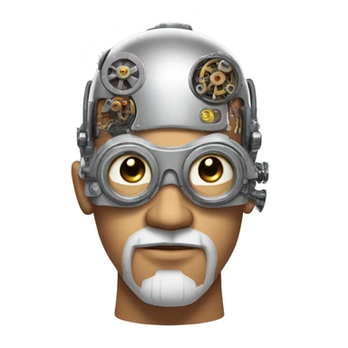 Tan bald male Latino cyborg head with grey beard, silver steampunk monocle goggles and circuits sticker