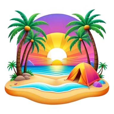 3D, psychedelic colored hippie style beach with setting sun and palm trees sticker