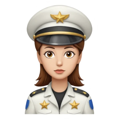 woman with brown hair and brown eyes.  space ship captain with white military hat sticker