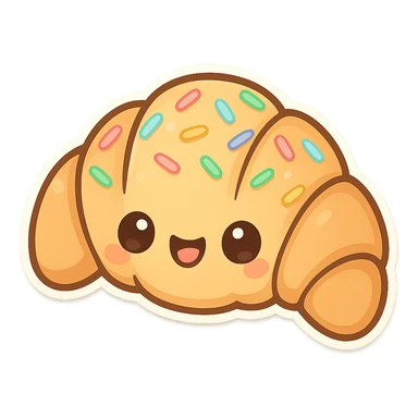 chibi sticker-style croissant with sprinkles, cute and exaggerated sticker