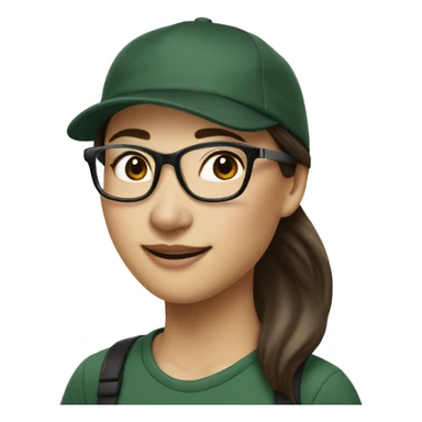 Hyper realistic, look from side, asian adult woman, light white skin, smiling with teeth, black eyes, spotted frame glasses, long brown straight hair with highlighted strands, black T-shirt, dark green cap. sticker