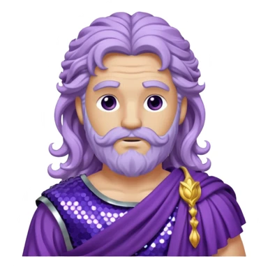 Zeus from Roman Deities with long lilac wavy hair, purple sequin toga sticker