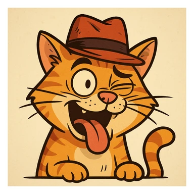 A cat wearing a hat with a very funny face sticker
