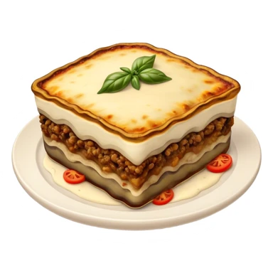 Moussaka Cinematic Realistic Moussaka Dish Emoji, depicted as a rustic serving of moussaka with layers of soft eggplant, ground meat, and a creamy topping featuring a delightfully crispy corner, rendered with rich textures and warm, inviting lighting. sticker