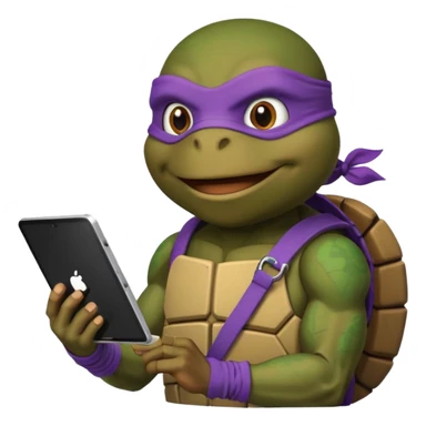 Donatello from Teenage Mutant Ninja Turtles, emoji style, with a tablet showing a hacking screen and a tech accessory sticker
